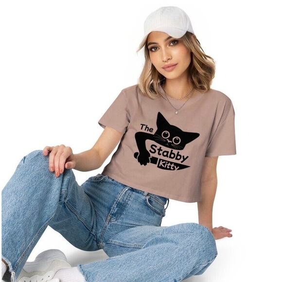 The Stabby Kitty® Soft Cotton Pink and Black Logo Relaxed Drop Shoulder Crop L - Picture 1 of 4
